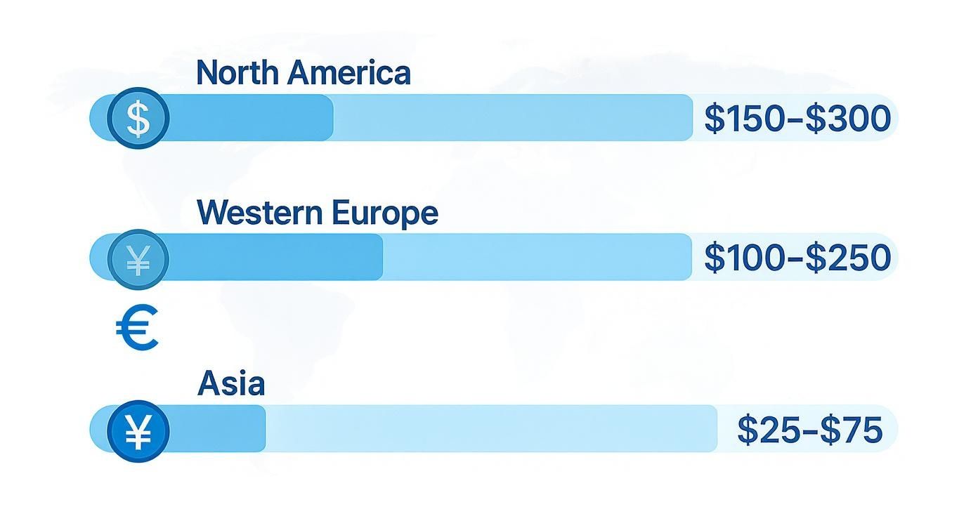 Bar chart illustrating average IT consulting hourly rates across North America ($150-$300), Western Europe ($100-$250), and Asia ($25-$75).