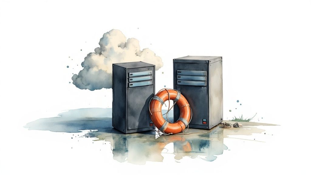 Watercolor illustration of two server racks with a lifebuoy, symbolizing data recovery and cloud resilience.