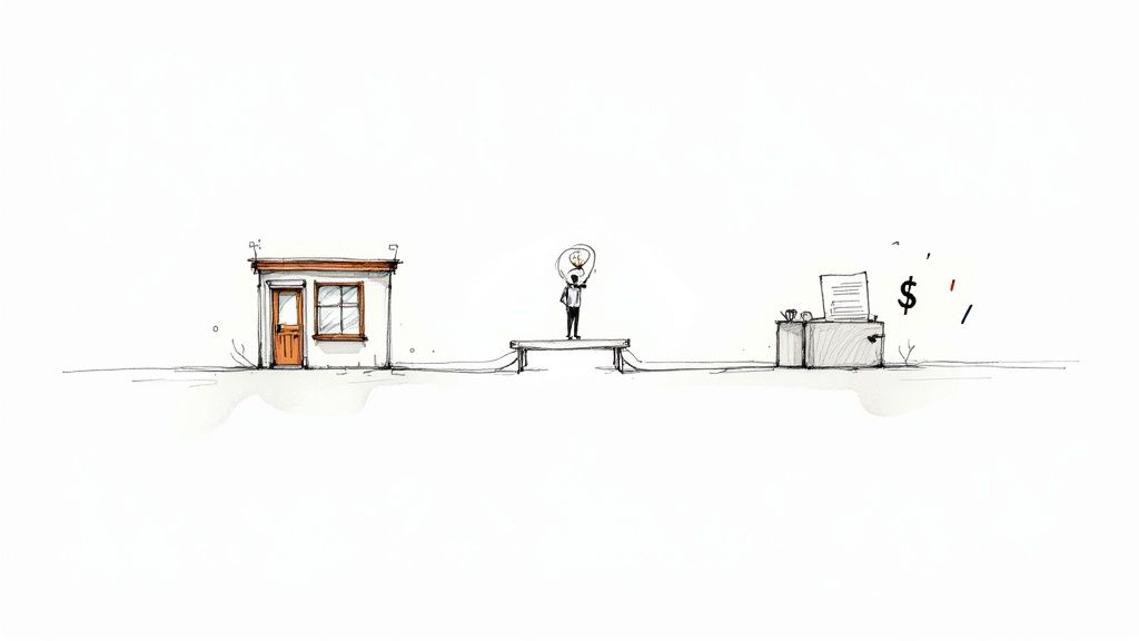 Hand-drawn illustration of a person with a bright idea connecting a building to a desk with money.