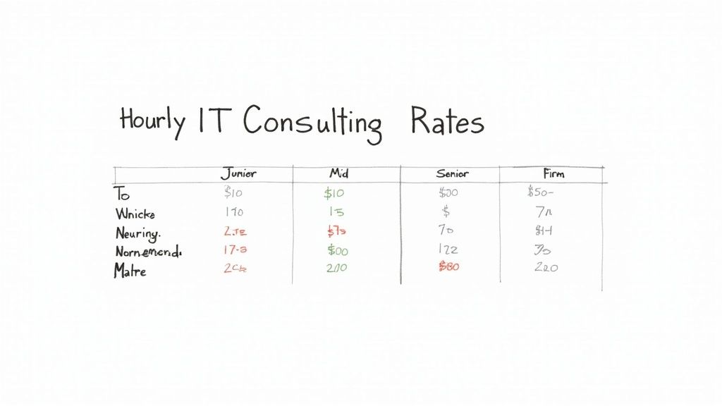 A handwritten table showing hourly IT consulting rates for junior, mid, senior, and firm roles.