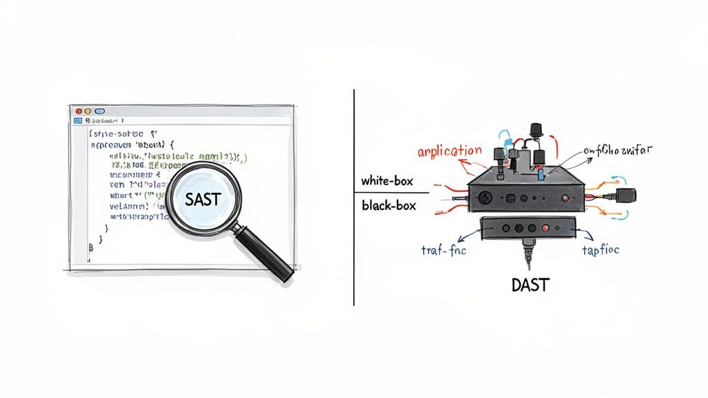 Illustration comparing SAST (Static Analysis) with DAST (Dynamic Analysis) for application security testing.