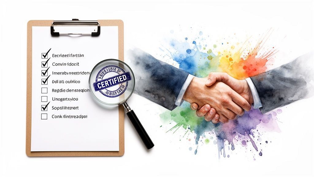 Certification process shown with a checklist, magnifying glass, and a business handshake.