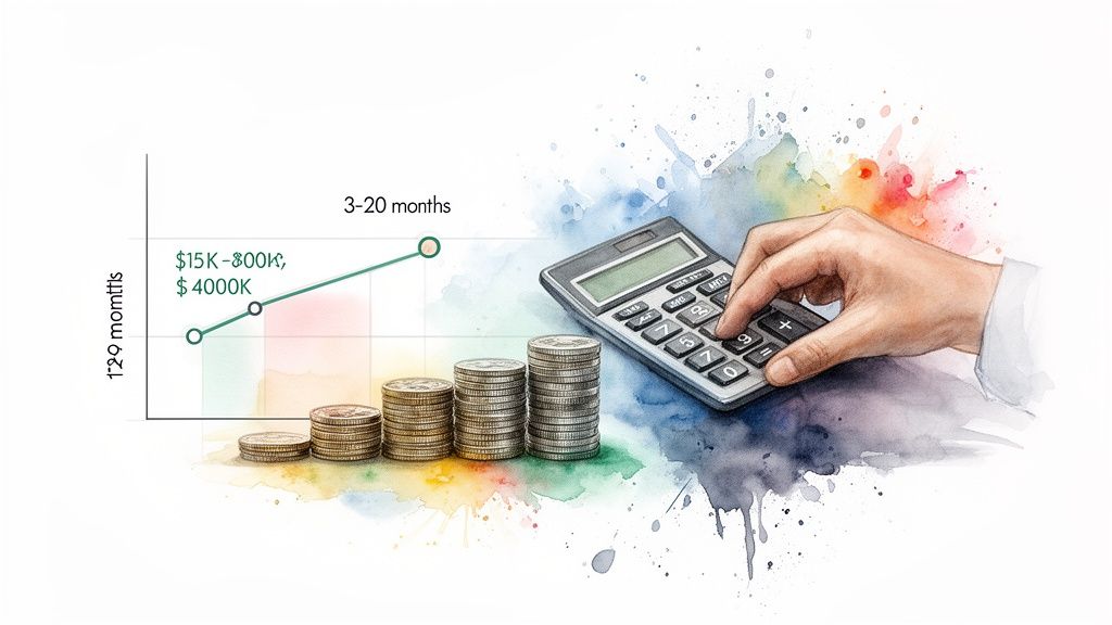 Watercolor illustration of financial growth with a graph, increasing coin stacks, and a hand using a calculator.