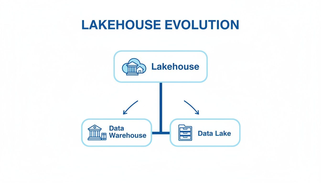 Diagram illustrating Lakehouse evolution, showing it as a combination of Data Warehouse and Data Lake.