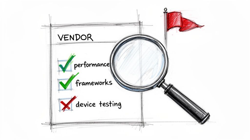 Hand-drawn vendor checklist assessing performance, frameworks (checked), and device testing (failed), with a magnifying glass and red flag.