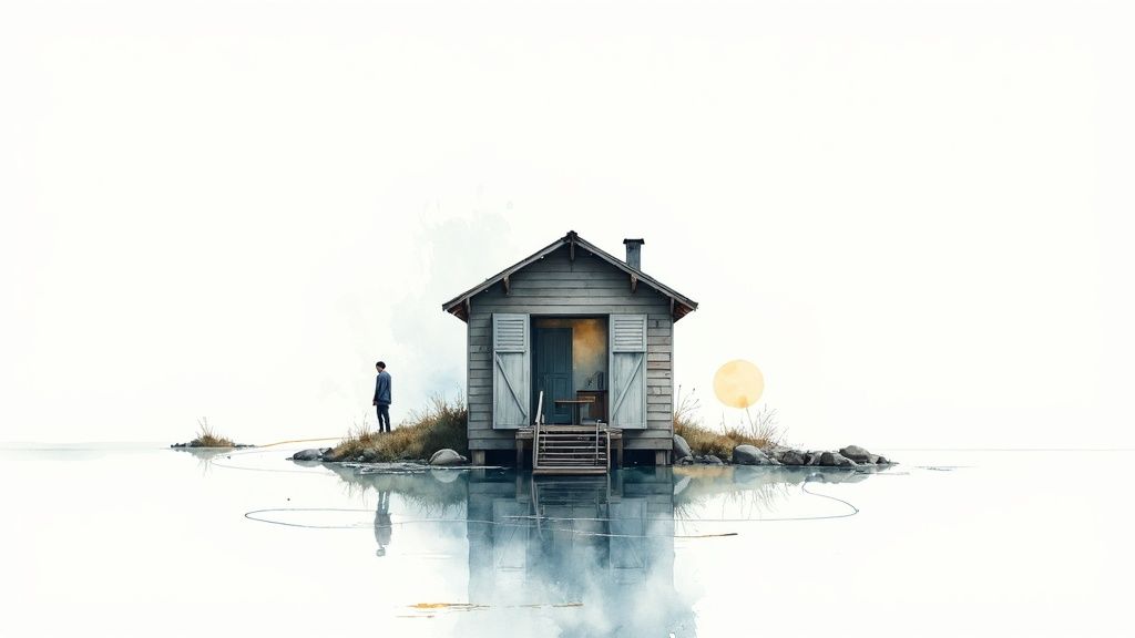 A lone person stands near a rustic wooden cabin on a tiny island, reflected in calm water.