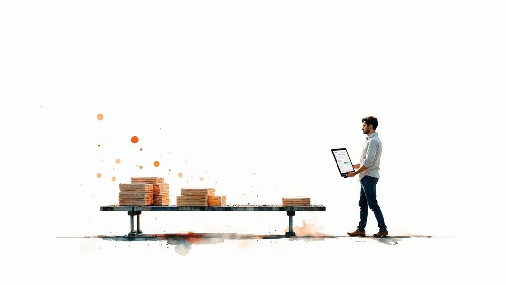 A man with a laptop monitors data represented by growing stacks on a conveyor belt, illustrating process management.