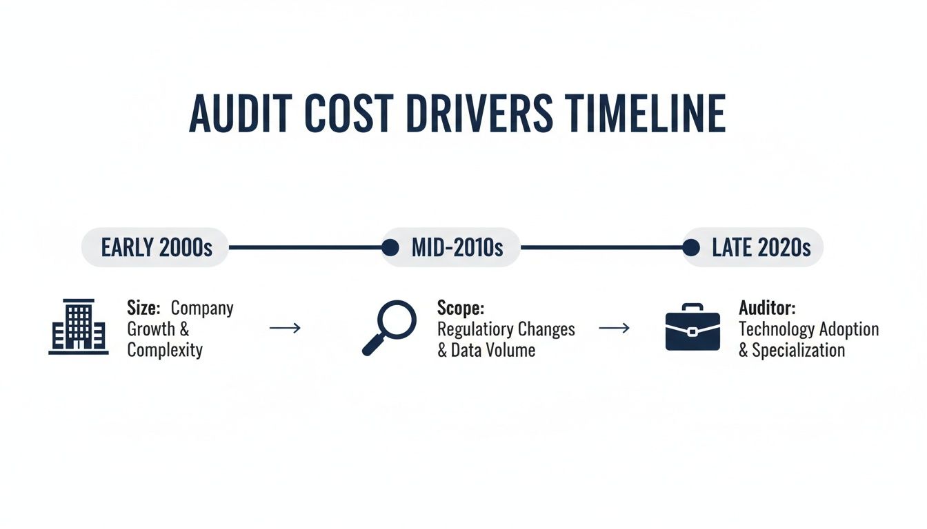 Timeline illustrating audit cost drivers evolution from early 2000s to late 2020s.