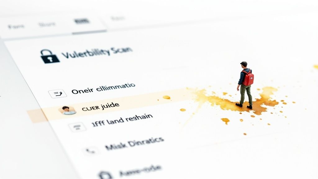 Miniature person with red backpack views a digital 'Vulnerability Scan' interface on a coffee-stained surface.