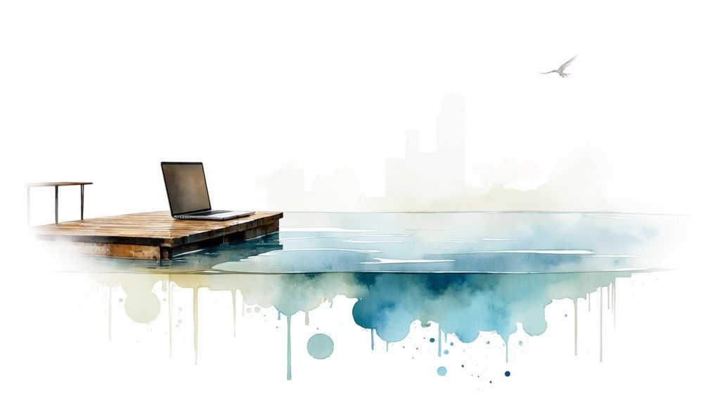 Watercolor illustration of a laptop on a wooden dock over serene water, with a distant city.