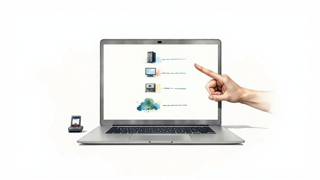 A hand points at a laptop screen displaying a cloud computing network diagram with server, monitor, and printer icons.
