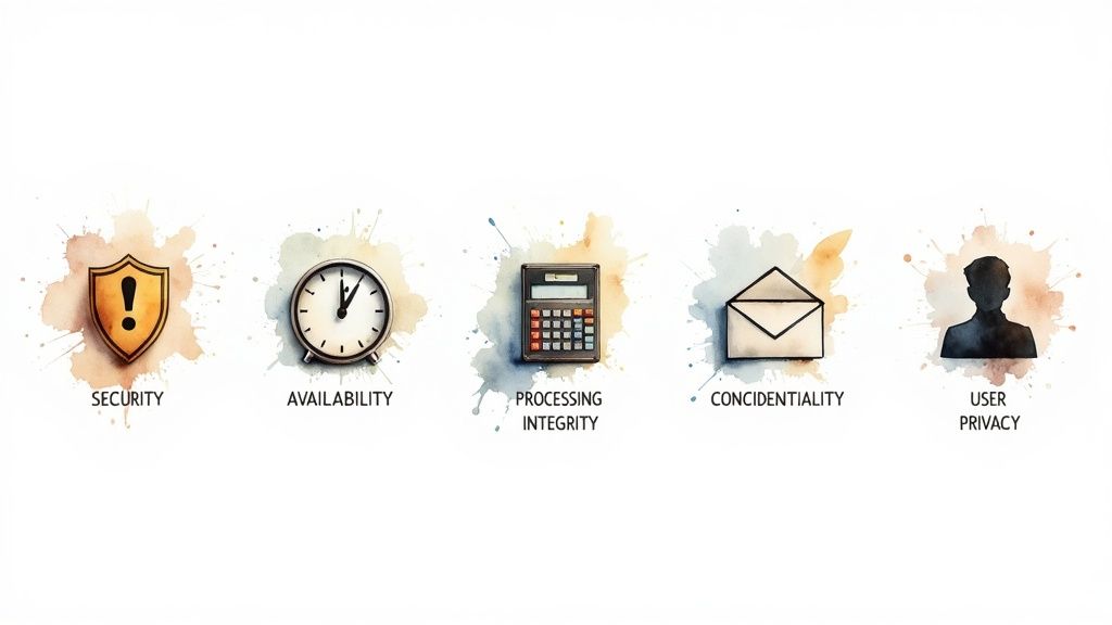 Watercolor icons representing SOC 2 Trust Services Criteria: Security, Availability, Processing Integrity, Confidentiality, and Privacy.