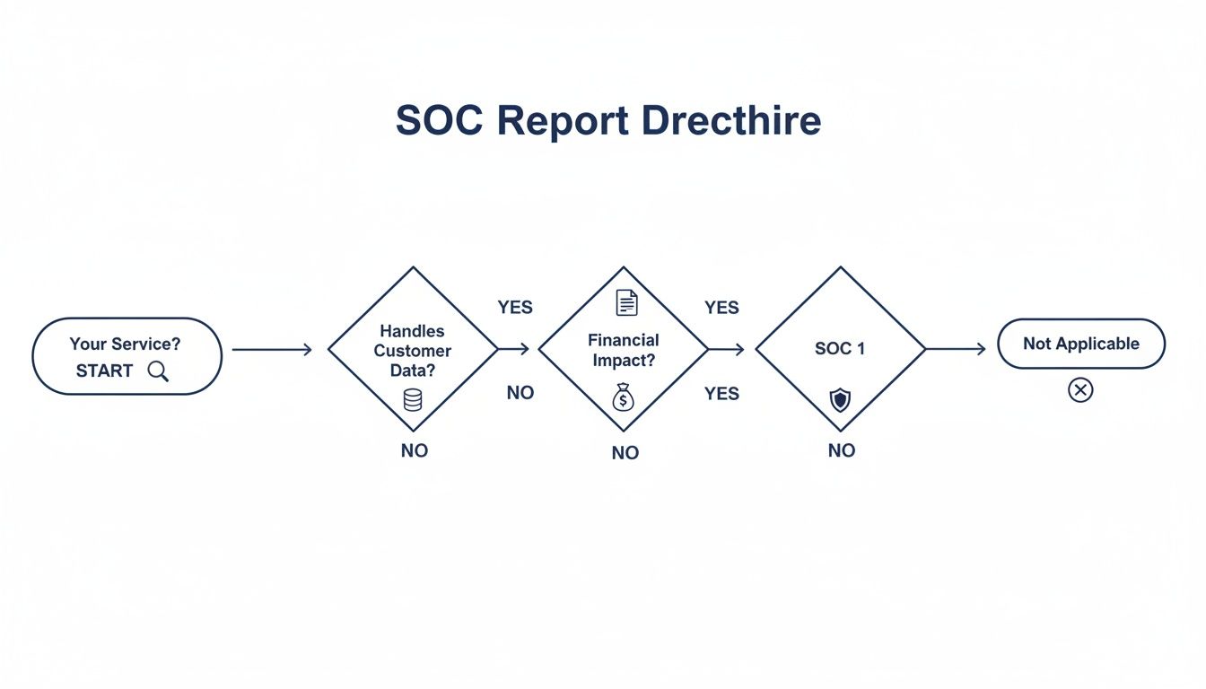 Flowchart outlining the decision process for determining the applicability of SOC 1 reports based on customer data and financial impact.