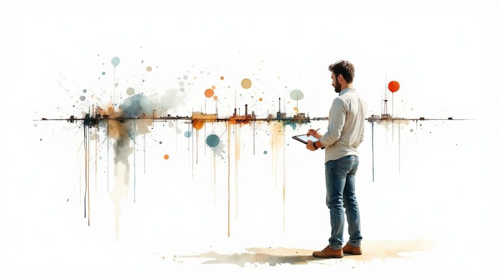 A man with a tablet faces an abstract painting of a colorful, sprawling industrial cityscape.