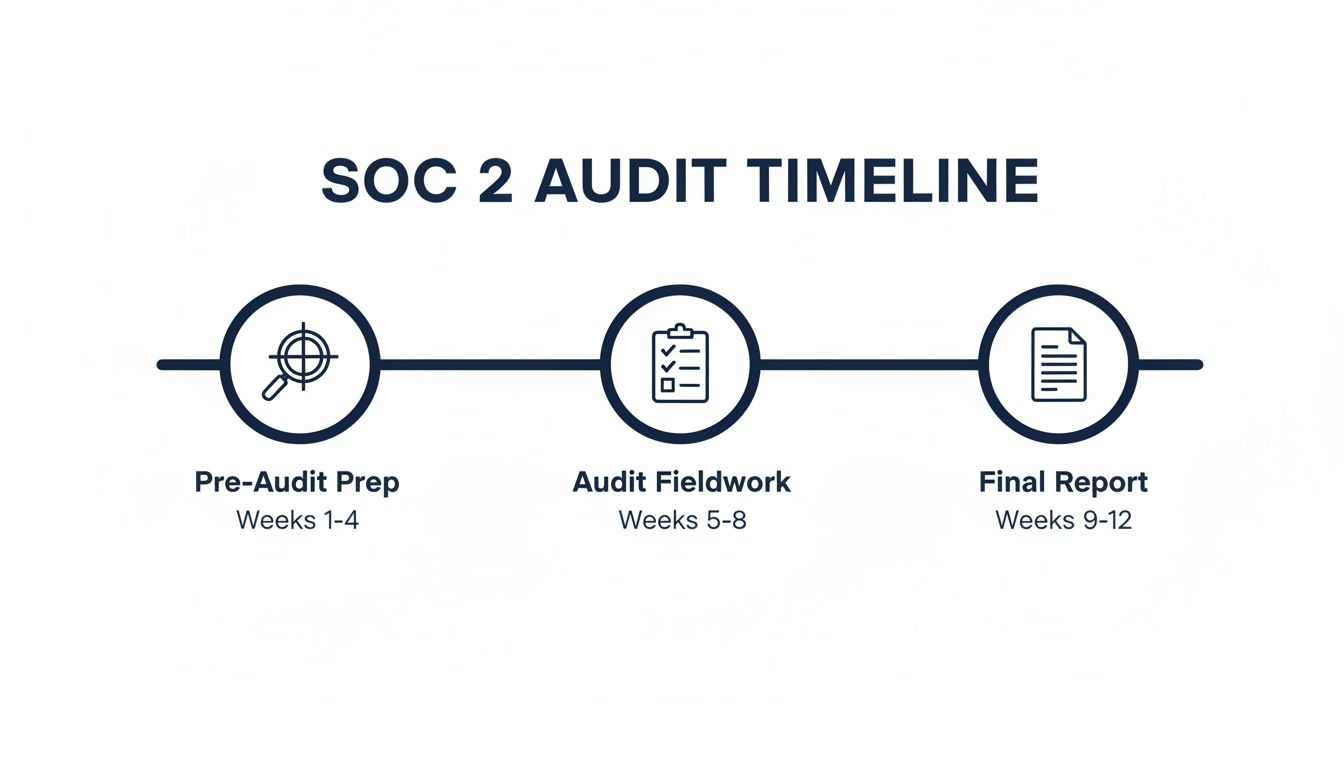 A clear timeline illustrating the three phases of a SOC 2 audit: Pre-Audit Prep, Audit Fieldwork, and Final Report.