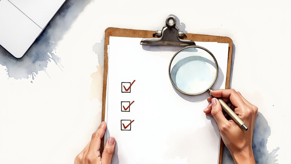A person's hands examine a checklist on a clipboard with a magnifying glass and pen, top-down view.