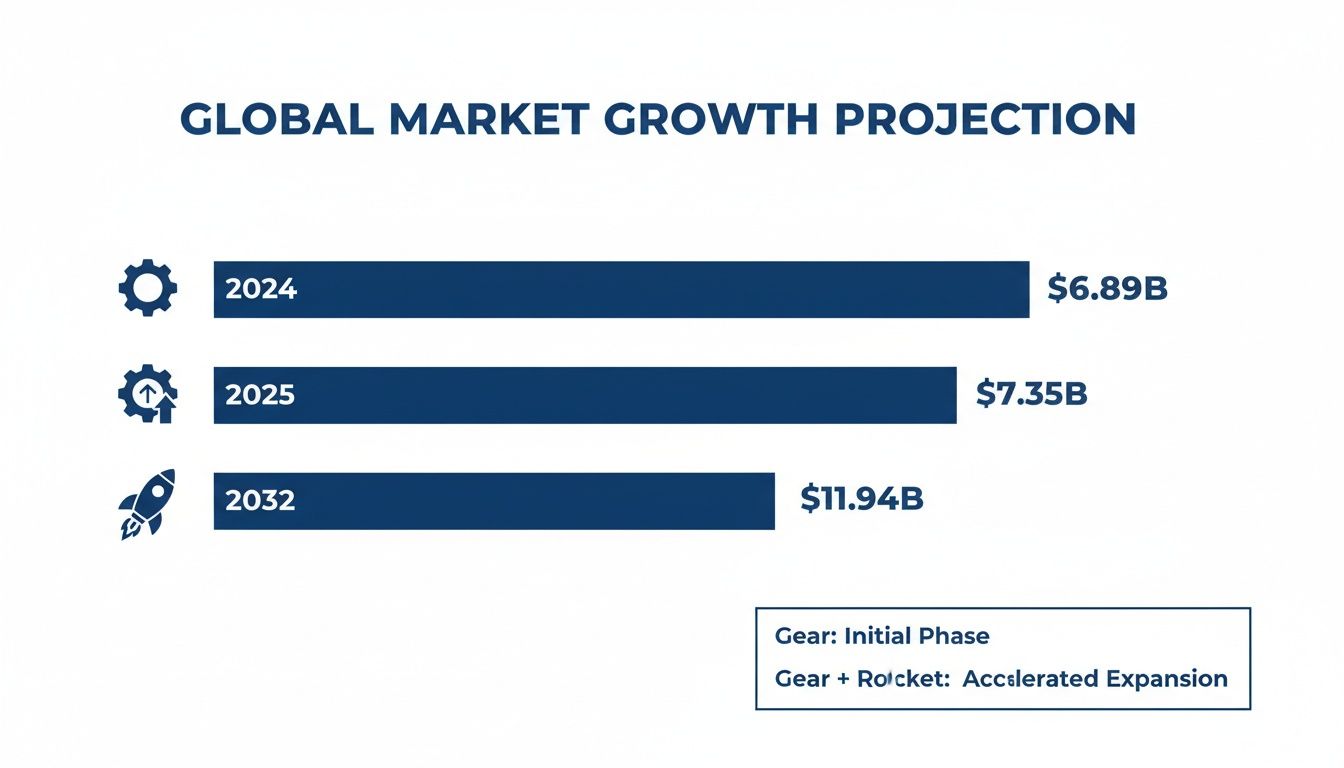 Global market growth projection chart illustrating initial and accelerated expansion phases from 2024 to 2032, reaching $11.94B.