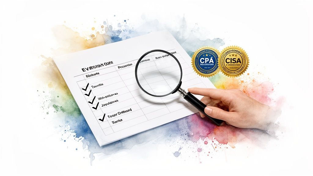Hand examining an audit checklist with a magnifying glass, flanked by CPA and CISA certifications.
