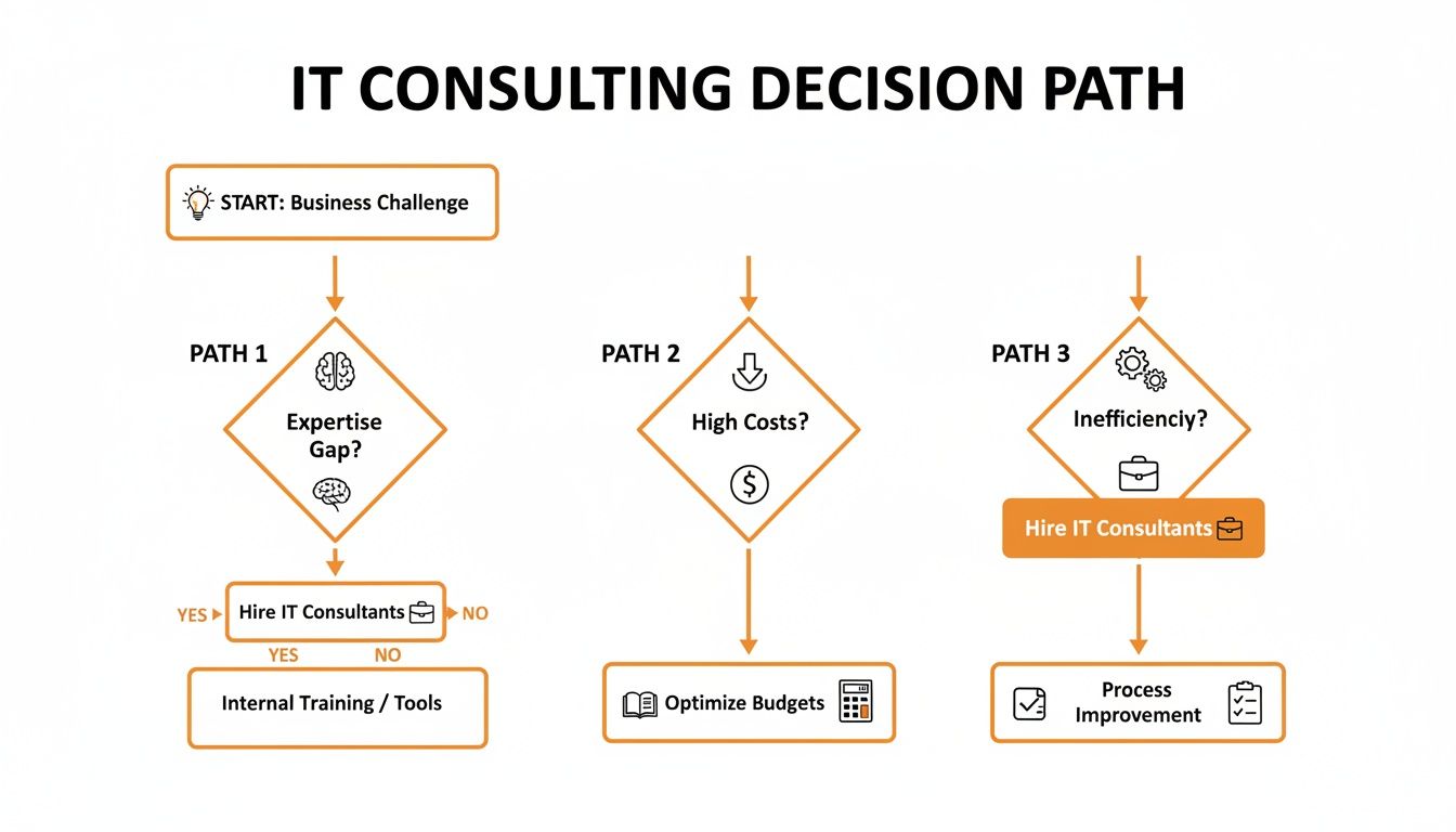 Flowchart showing IT consulting decision paths for business challenges like expertise, costs, and inefficiency.