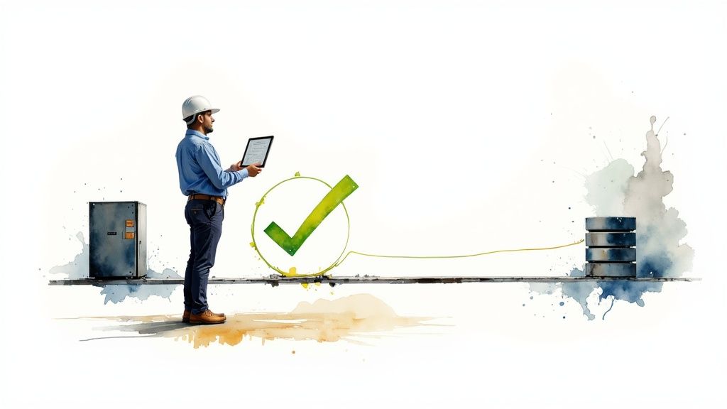 An engineer with a tablet monitors data flow, symbolized by a checkmark and server stacks, indicating successful migration.