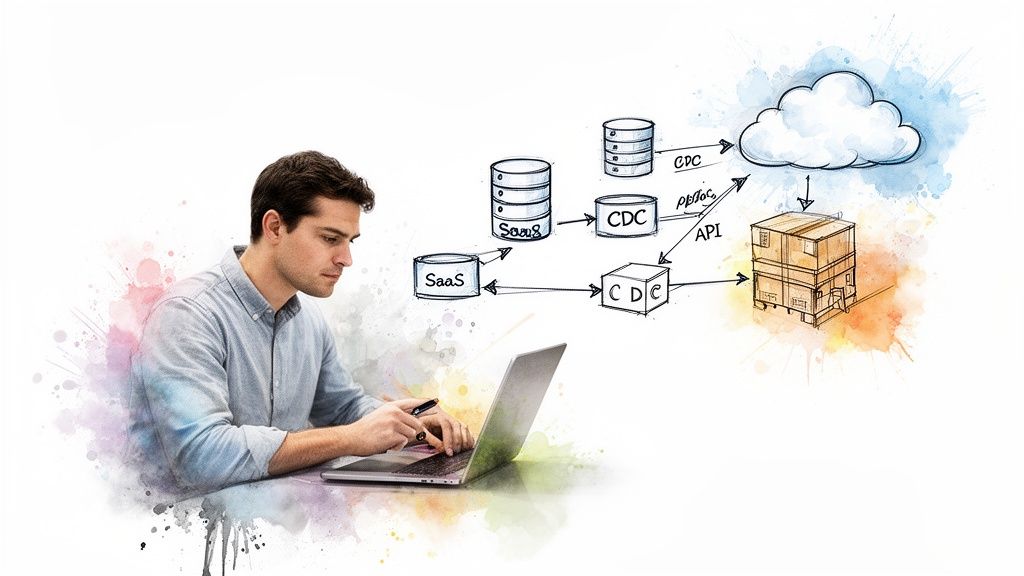 Man using laptop, with a technical diagram showing SaaS, CDC, databases, cloud, and data warehouse architecture.