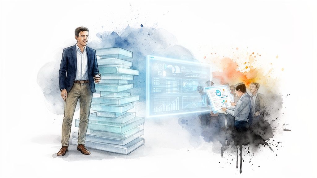 Watercolor illustration shows a man with stacked books and a team analyzing digital data screens.