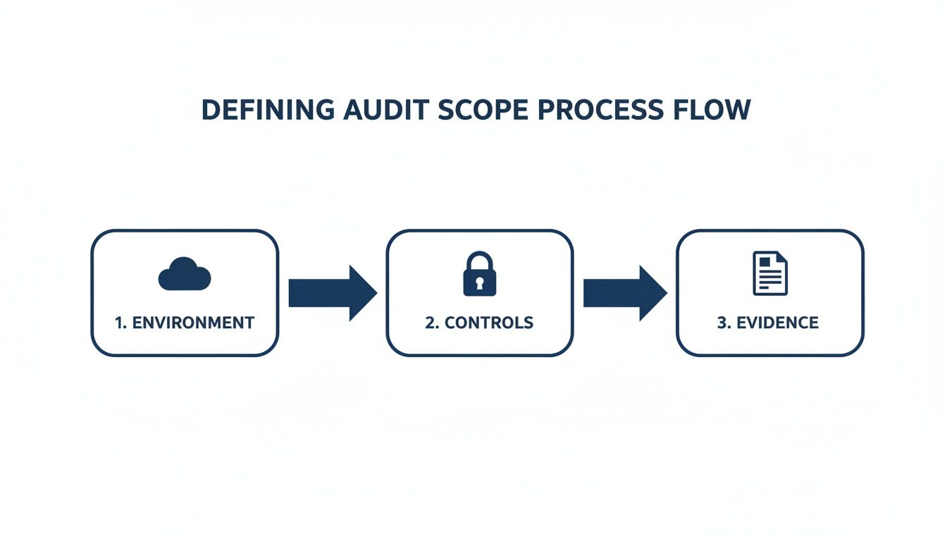 A process flow diagram illustrating the three steps for defining audit scope: Environment, Controls, and Evidence.