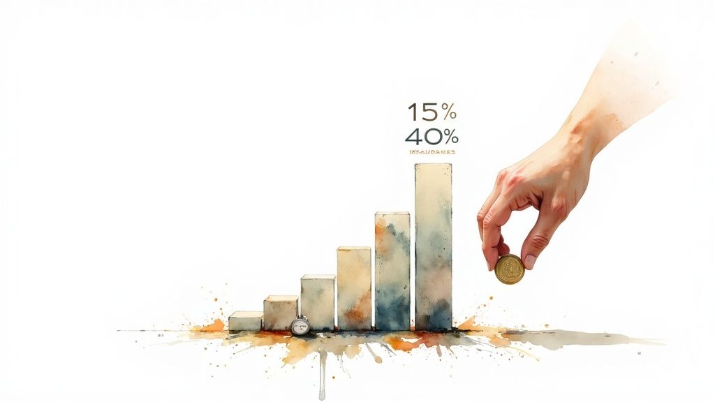 A hand places a gold coin next to a watercolor bar chart illustrating financial growth with percentages.