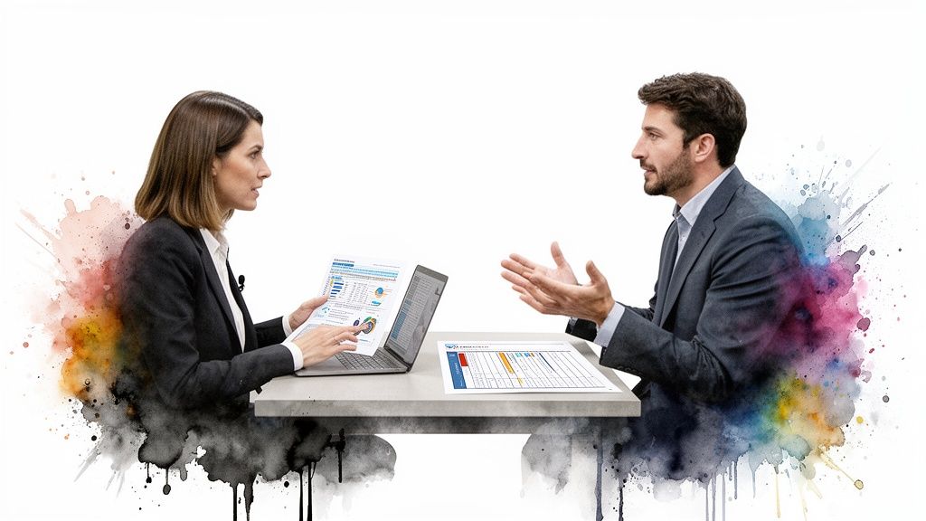 Two business professionals discussing data and reports on a laptop in a modern, artistic setting.