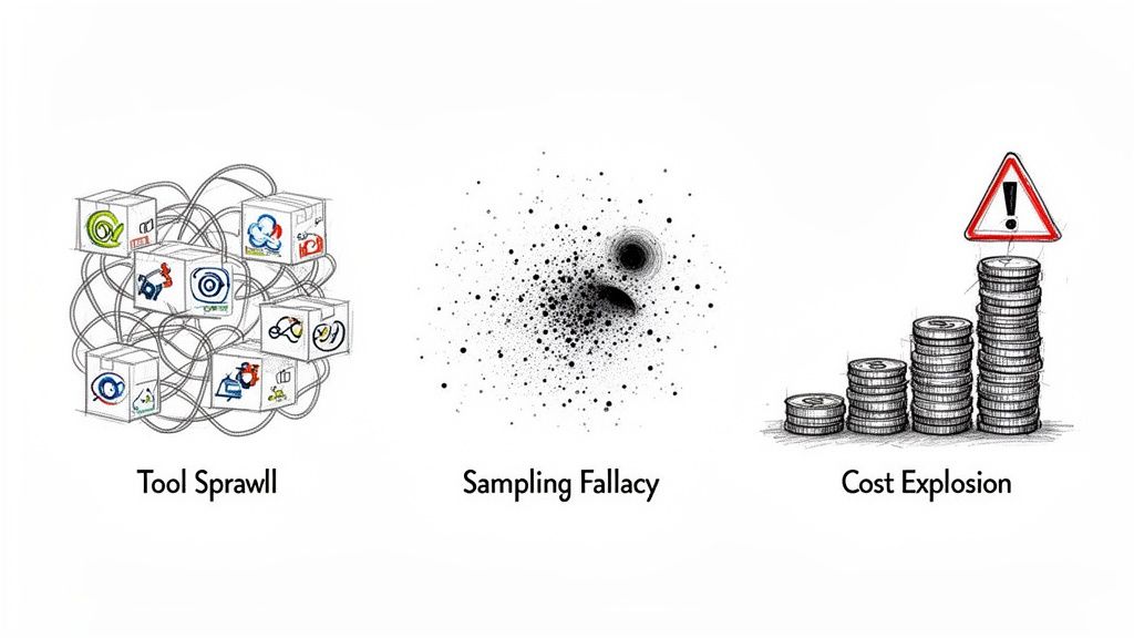 Illustrations depicting tool sprawl, sampling fallacy, and cost explosion as common system challenges.