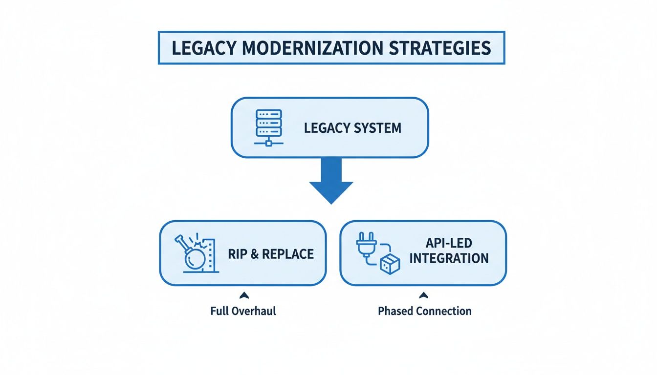 Flowchart showing two legacy system modernization strategies: rip and replace or API-led integration.