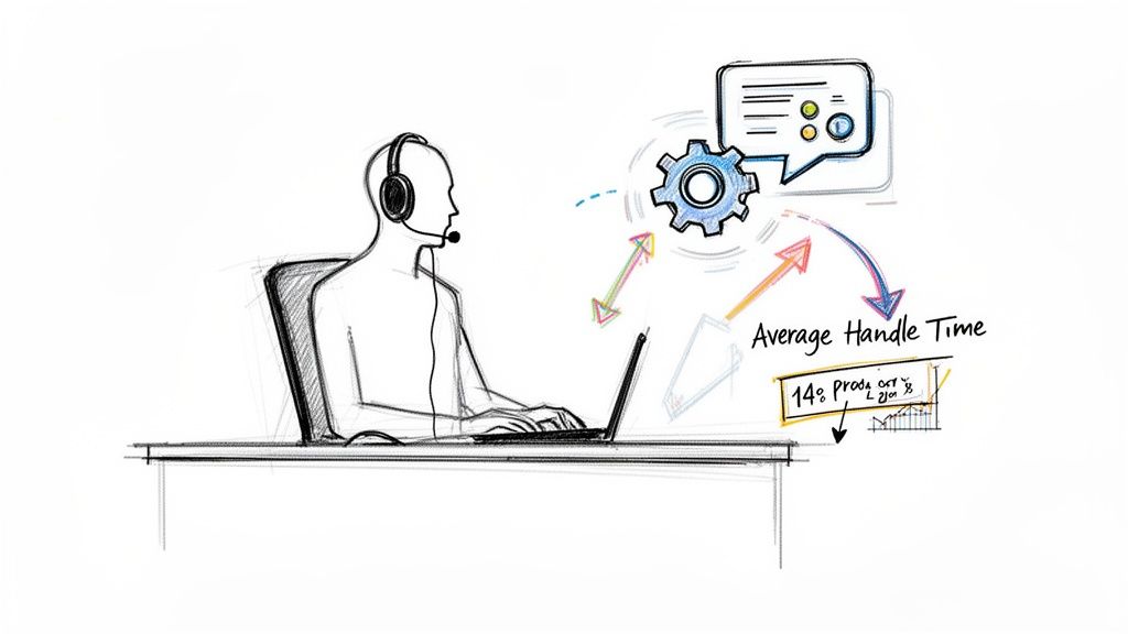 A sketch of a call center agent working on a laptop, surrounded by diagrams illustrating average handle time and performance metrics.