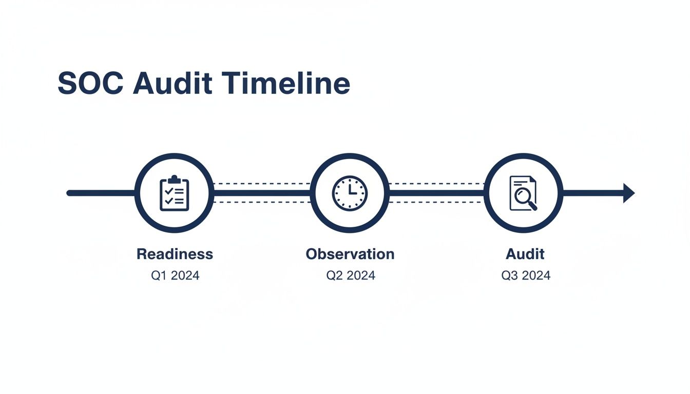 A SOC audit timeline showing three stages: Readiness (Q1 2024), Observation (Q2 2024), and Audit (Q3 2024).