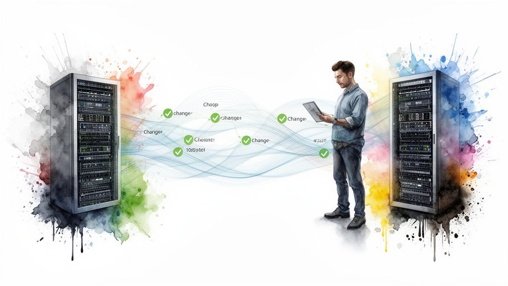 A man manages data migration between two server racks using a tablet, with data flow.
