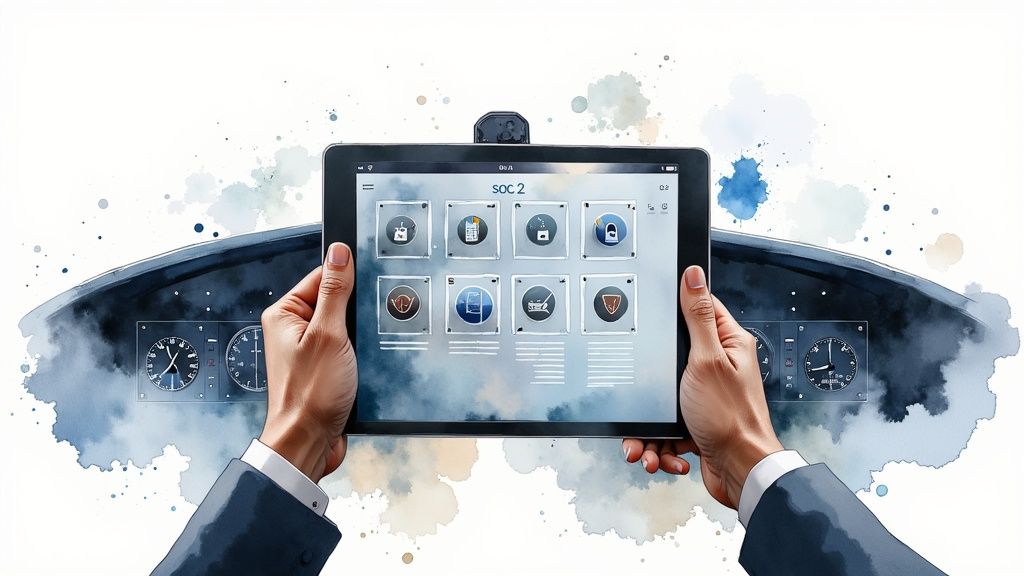 Hands holding a tablet displaying a SOC 2 dashboard against a watercolor cockpit background.