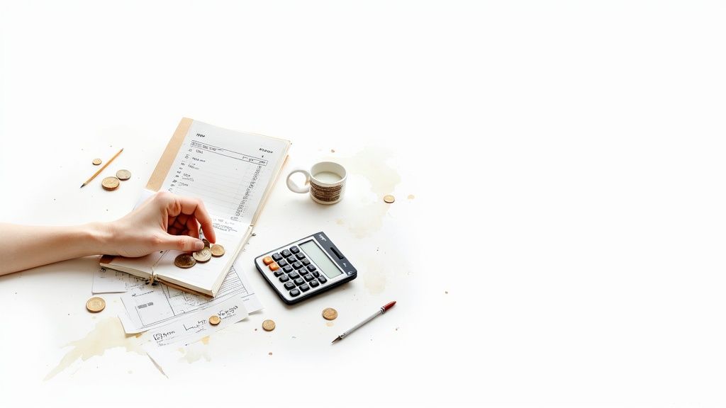 A person's hand organizes coins on a notebook next to a calculator, papers, and a coffee-stained desk.