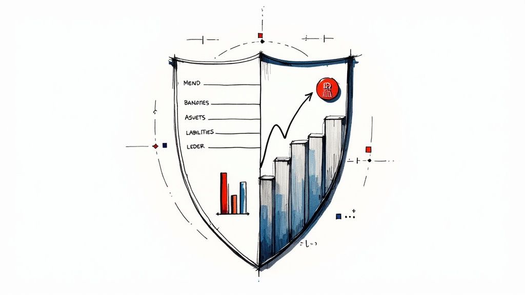 A hand-drawn shield illustrating business concepts with financial charts, a list of terms, and an upward trend.