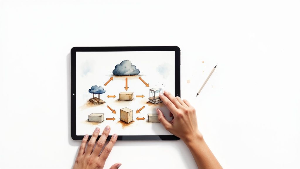 Hands interact with a tablet displaying a watercolor diagram of cloud computing and data flow.