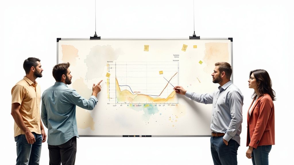Four business professionals analyzing a hand-drawn chart with sticky notes on a large whiteboard.