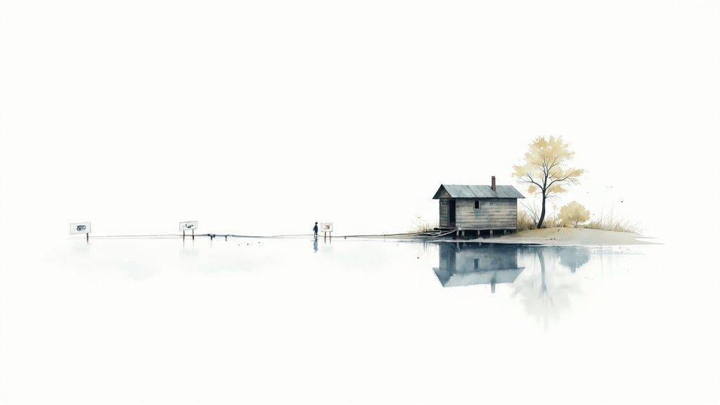 Minimalist watercolor painting of a stilt house by calm water with a person and reflections.