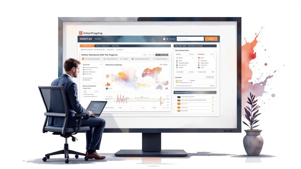 Man analyzing network security data on a laptop with a large monitor displaying a dashboard.