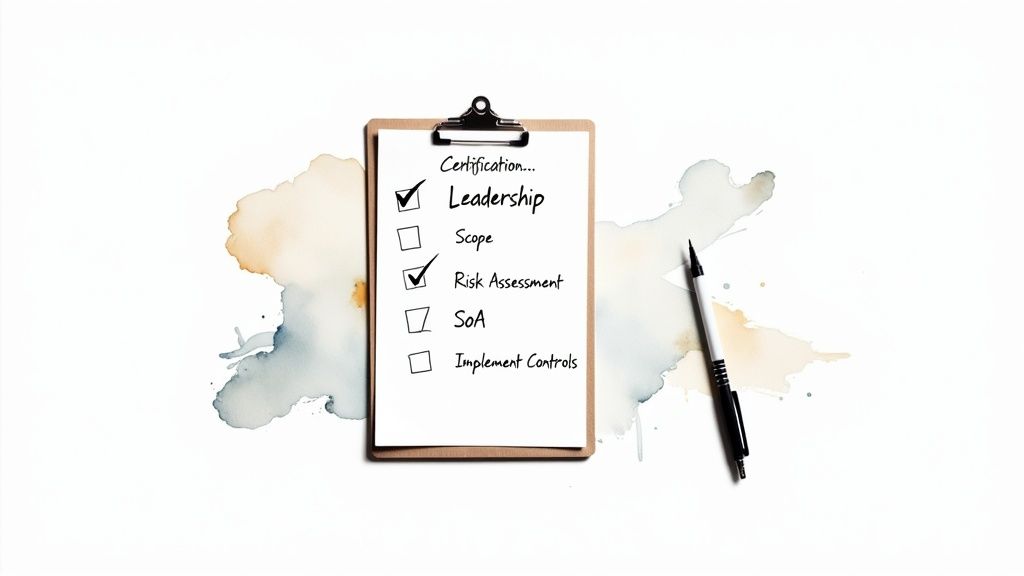 A clipboard with a checklist titled 'Certification' has 'Leadership' and 'Risk Assessment' checked off.
