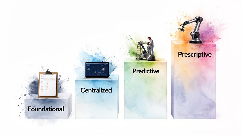 Four stages of analytics maturity: Foundational, Centralized, Predictive, and Prescriptive, illustrated with cubes.