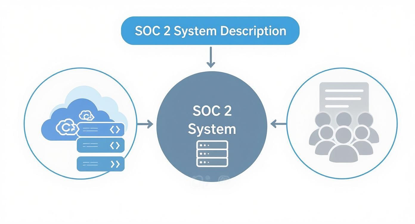 Diagram showing a SOC 2 System Description, connecting infrastructure, people, and documentation to the core SOC 2 System.