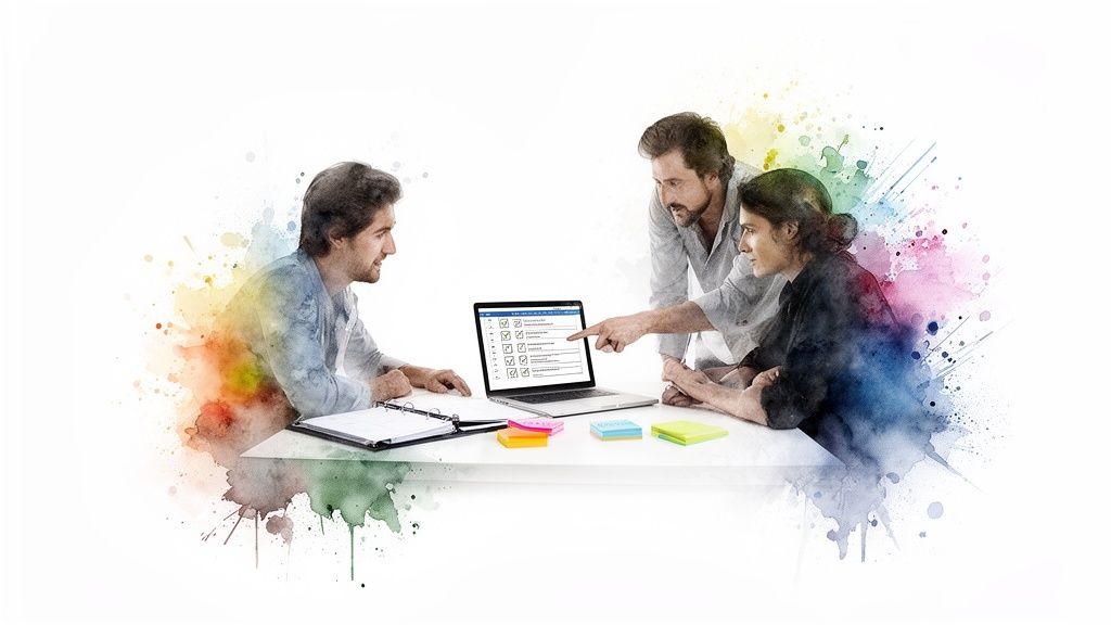 Three colleagues collaborating around a laptop with a checklist, highlighted by colorful watercolor splashes.