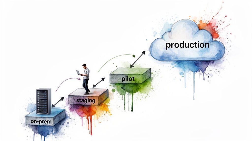 Diagram illustrating a data migration process from on-premise servers through staging and pilot to cloud production.