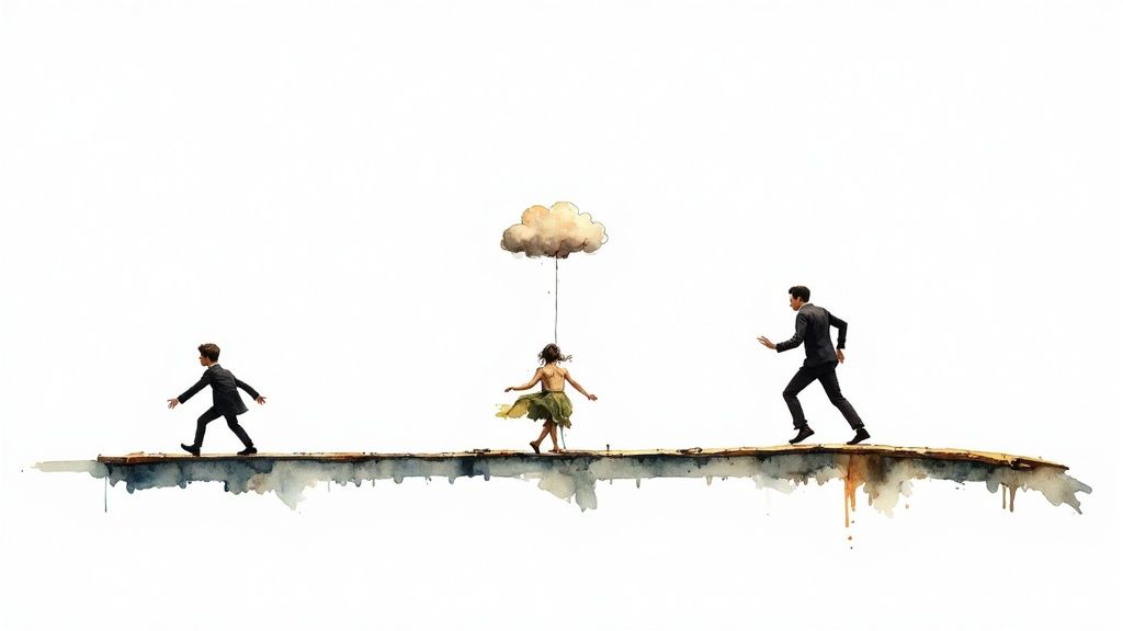 Three figures on a watercolor bridge: a boy walking, a woman suspended by a cloud, and a man running.
