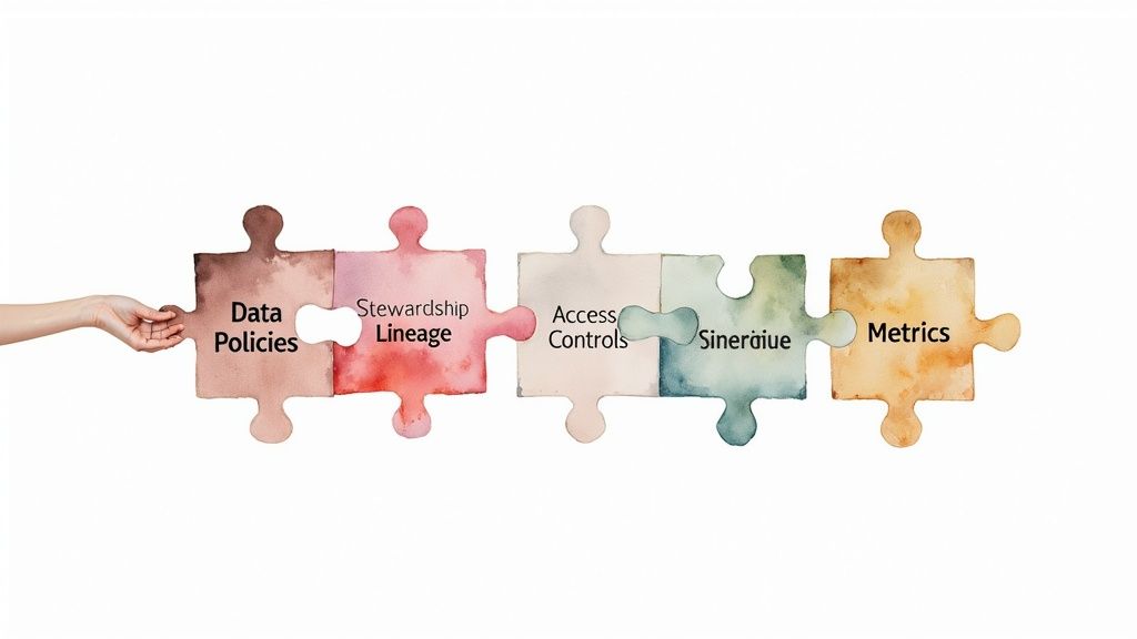 A hand connects watercolor puzzle pieces illustrating data governance components: Data Policies, Stewardship Lineage, Access Controls, Sineraiue, and Metrics.