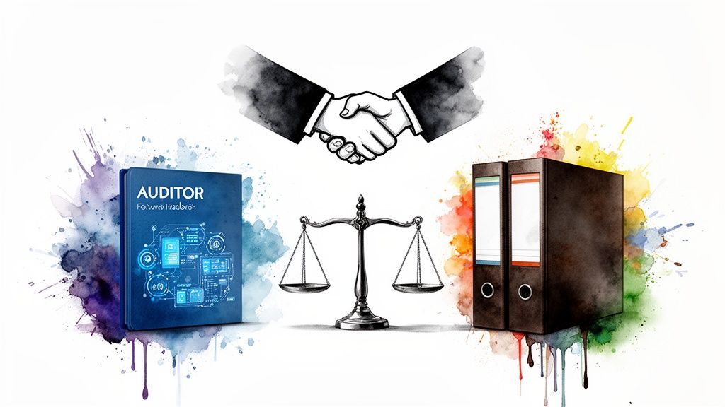 An illustration with a handshake, 'AUDITOR' book, justice scales, and binders amidst watercolor splashes.
