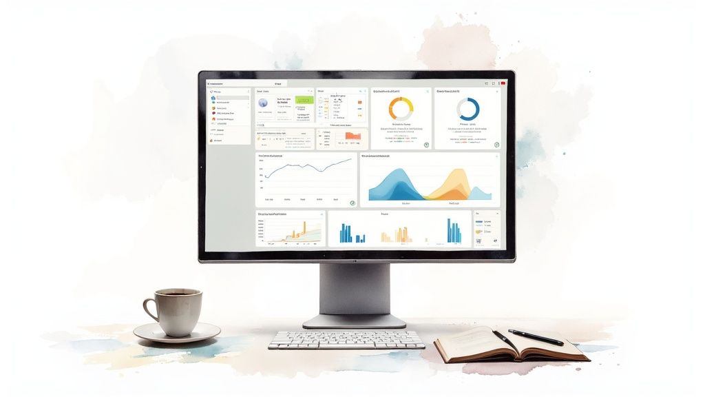 A minimalist workspace featuring a monitor displaying data dashboards, a coffee cup, keyboard, and notebook.